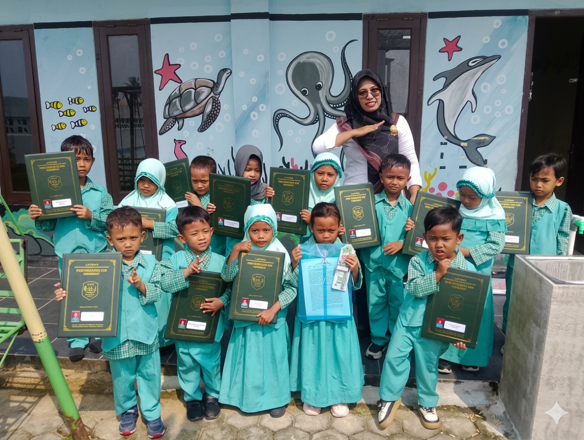 Murid PAUD Hidayatul Ilmi menerima buku laporan perkembangan bersama guru