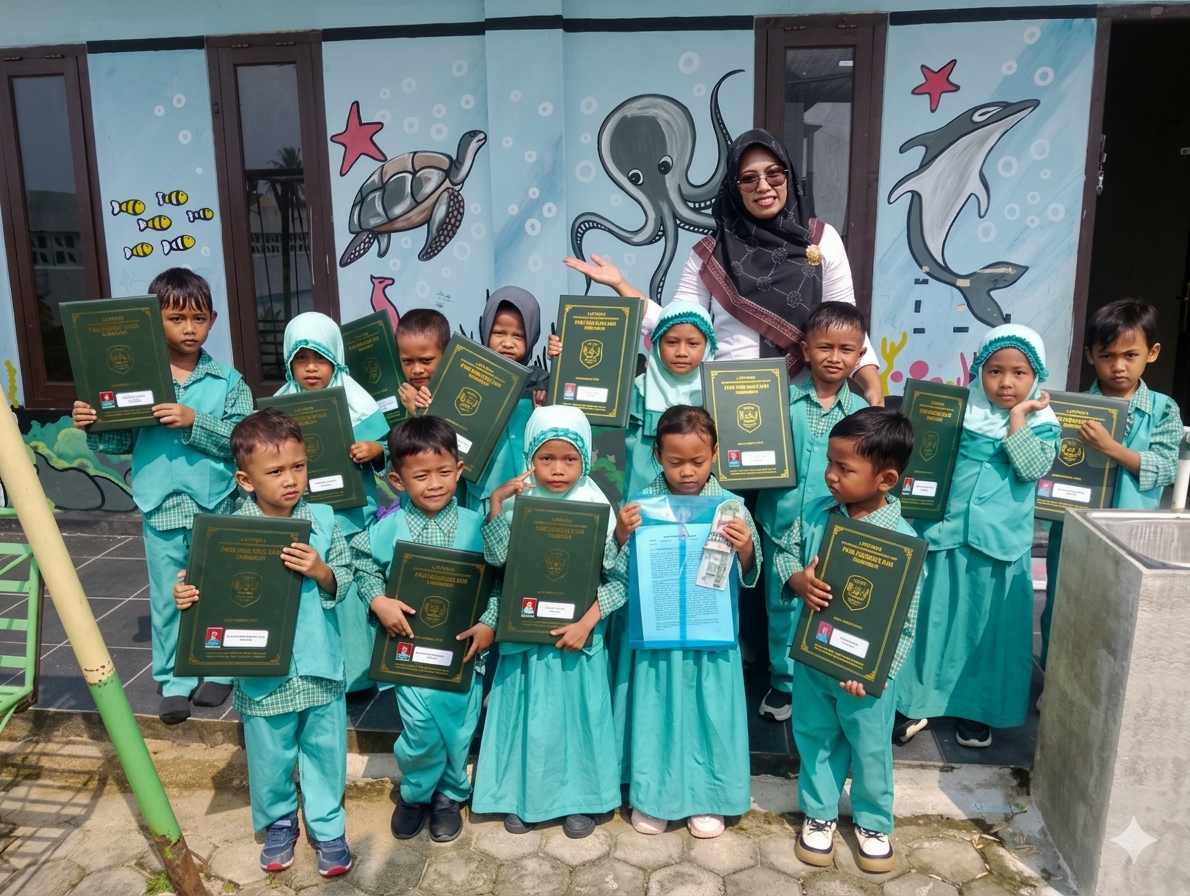 Foto bersama murid dan guru kelas A PAUD Hidayatul Ilmi